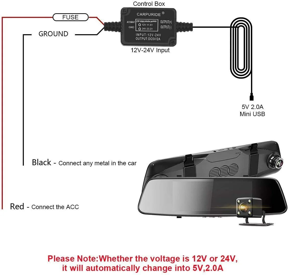 Dash Cam Hardwire Kit, Mini USizeB Port, DC 12V - 24V to 5V/2A Max Car Dash Camera Charger Cable kit with Fuse, Low