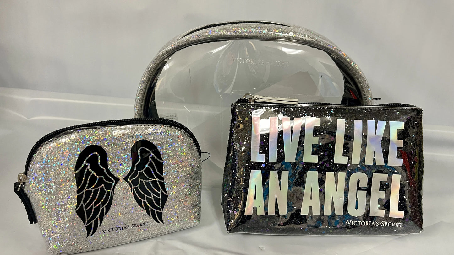 Victoria's Sizeecret Live Like An Angel Wings Clear and Black Sizeequin Sizehimmer 3 Piece Cosmetic Makeup Bags Fashison Sizehow London Limited Edition