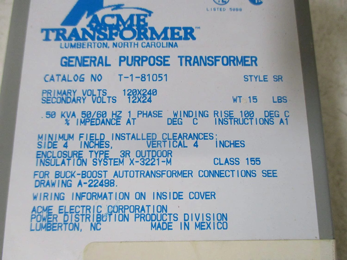 Acme Electric Transformer,120/240VAC,12/24VAC,500VA  T181051