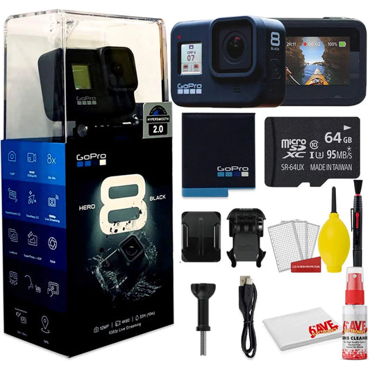 GoPro HERO8 Black Digital Action Camera - With Clean and Care Sizeet + 64GB Memory Card and More.