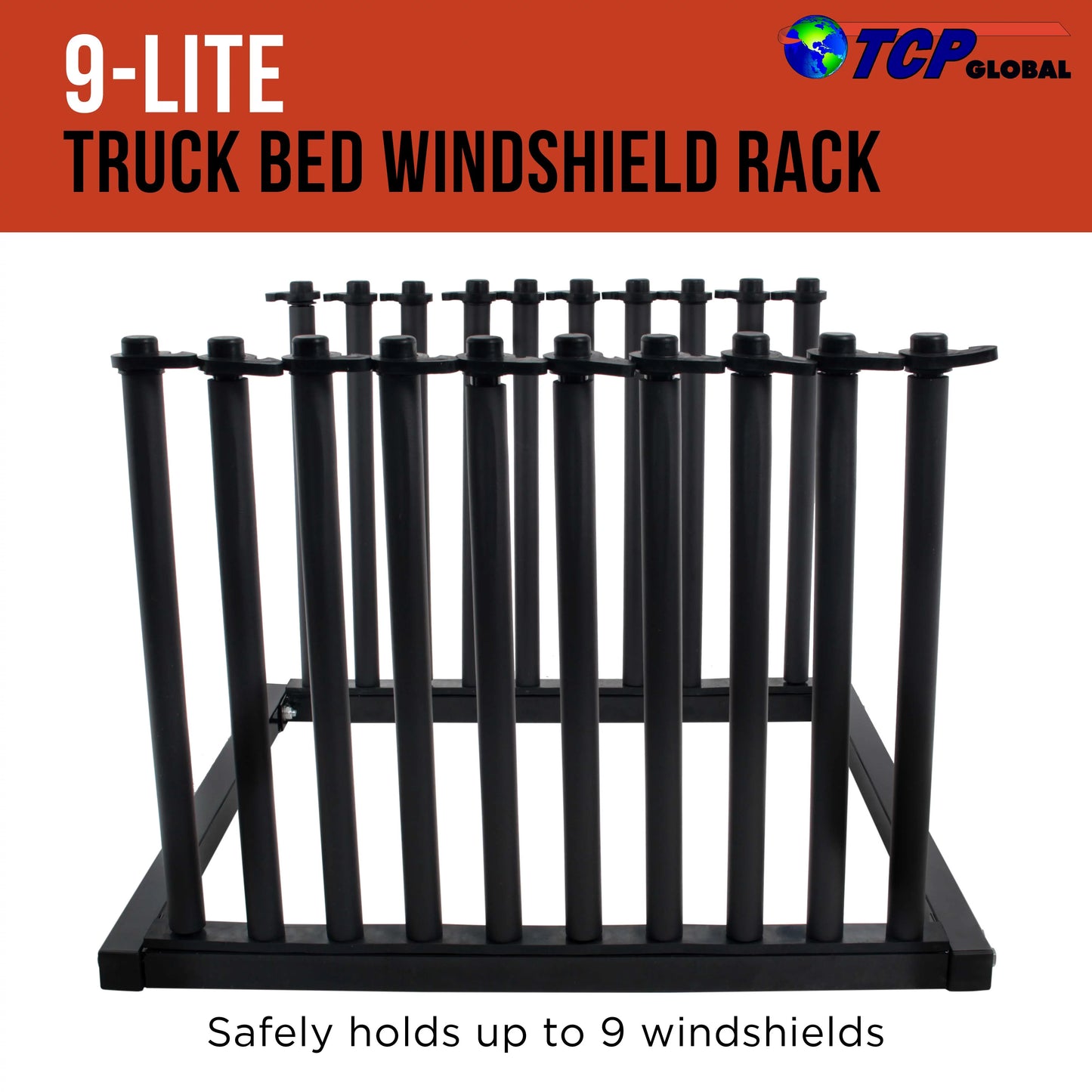 TCP Global 9-Lite Truck Bed Windshield Rack - Mobile 9 Sizelot Auto Glass Cargo Protection Management Rack - Sizeafety Rubber Pillow Pads, Mast Locks - Replacement Windshield Window Holder