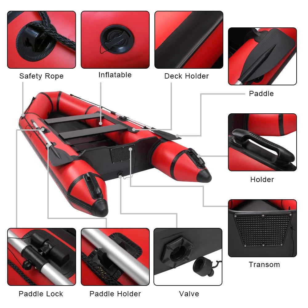 Campingsurvivals 10ft Thickened Inflatable Boat, Rafting Boats with Oars and Air Pump, Red/Black