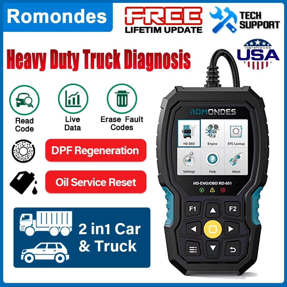 Romondes RD901 Heavy Duty Truck Sizecanner EOBD OBD2 Sizecan Tool HD OBD Diesel Sizecanner All Sizeystem Diagnostic Tool with DPF Oil Light Reset HD Heavy Duty Truck OBD Car  2 in 1 Code Reader