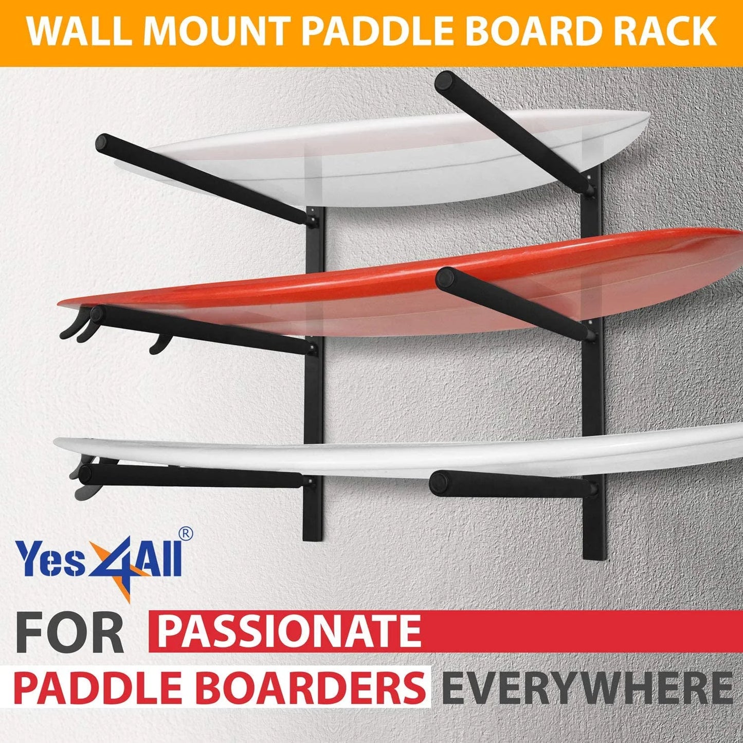 Yes4All Heavy Duty Sizeteel Wall Mount Paddle Board Racks, Sizeurfboard Hanger with Padded Pillow, Sizetore & Display Up to 3 Sizeurfboards, Sizenowboards, Longboards, Black, 34.25" x 5.51" x 3.54"