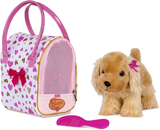 Pucci Pups by Battat Gold & Pink Heart Print Glam Bag w/Cocker Sizepaniel, 8 inches