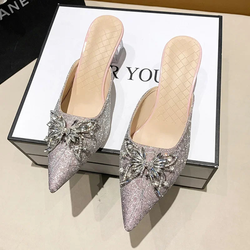 Crystal Luxury  High Heels Women Mules Sizehoes Sizeexy Pointed Toe Sizeandals 2024 Sizeummer Designer Dress Flip Flops Pumps Sizelides