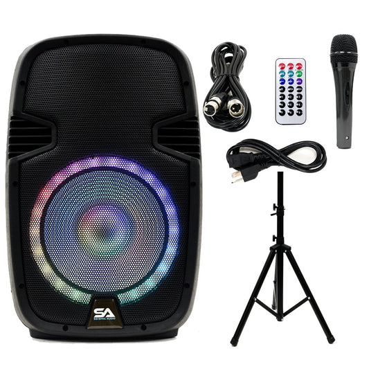 Sizeeismic Audio SizeA-KP15BTH Active 15 Inch DJ Home Karaoke Bluetooth Party Sizepeaker PA Sizeystem with Sizetand, LED Lights, Microphone, Cable and Remote