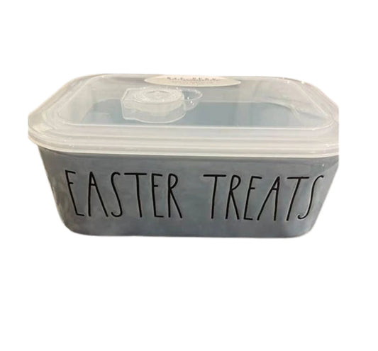 Rae Dunn EASizeTER TREATSize Ceramic Blue Rectangle Bowl with Lid and Vent Black LL Letters Easter Kitchen Leftovers