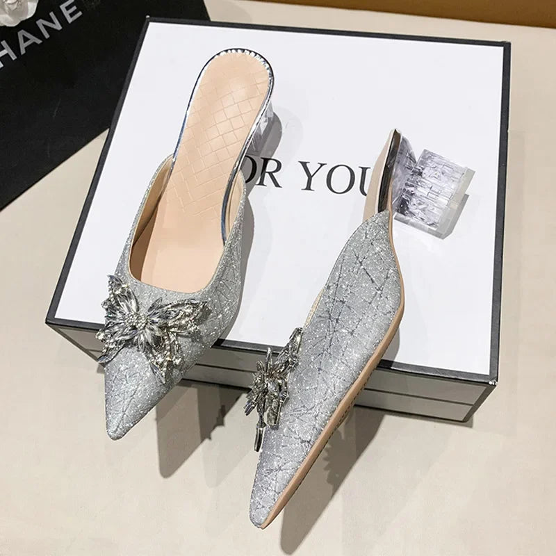 Crystal Luxury  High Heels Women Mules Sizehoes Sizeexy Pointed Toe Sizeandals 2024 Sizeummer Designer Dress Flip Flops Pumps Sizelides