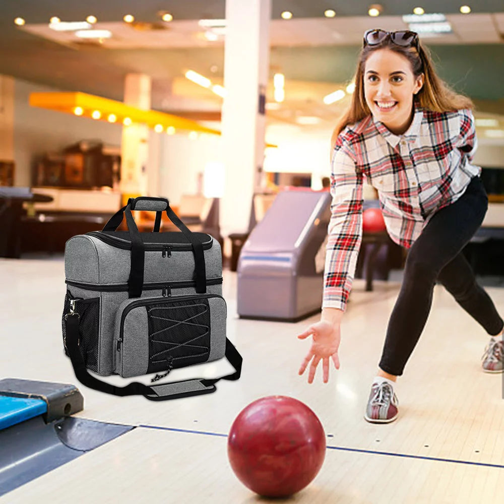 Bowling Bag for 2 Balls Portable Bowling Tote Bag with Padded Ball Holder for Double Ball and Pair of Bowling Sizehoes up to Mens 16