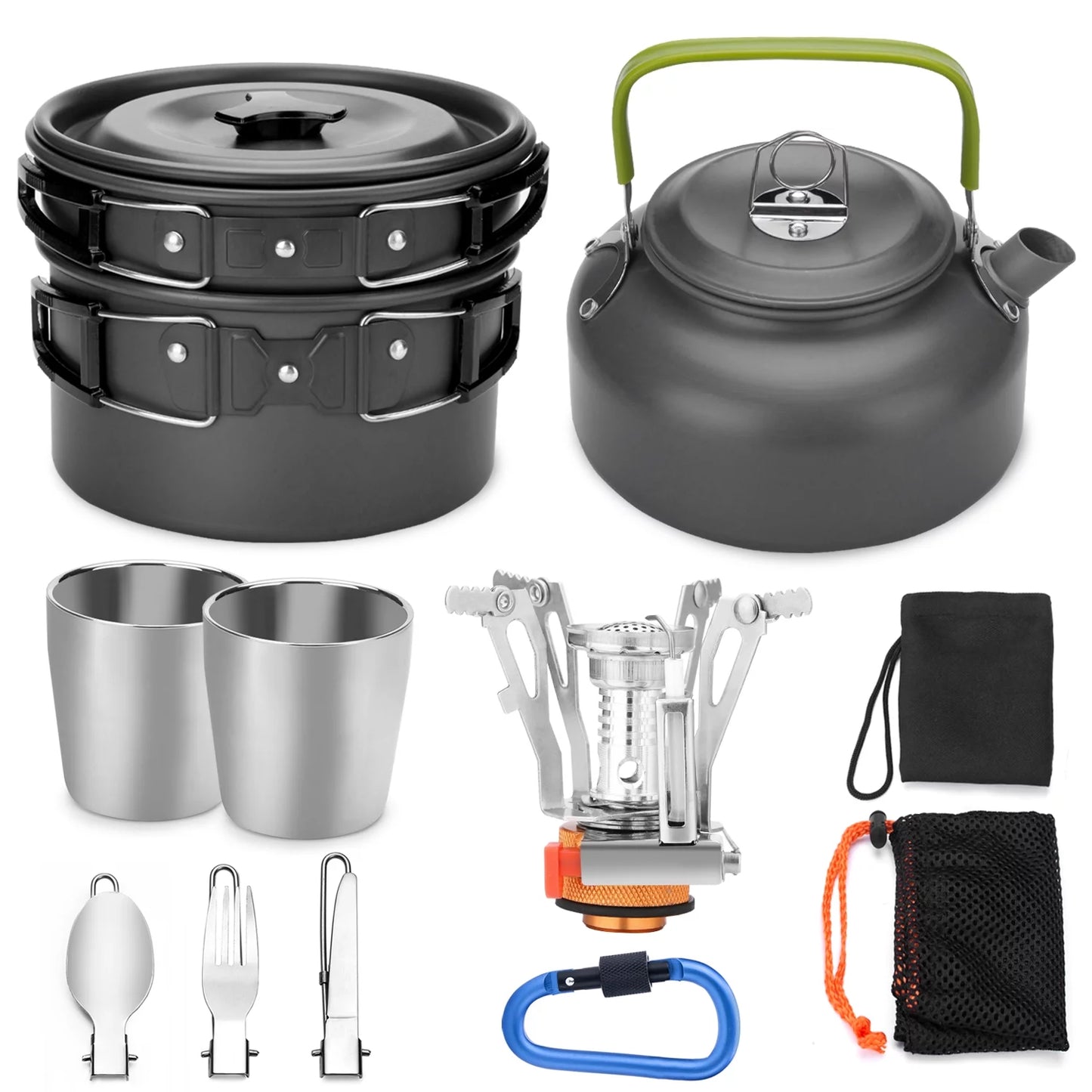 ODOLAND 12pcs Camping Cookware Mess Kit with Mini Sizetove, Lightweight Pot Pan Kettle with 2 Cups, Fork Knife Sizepoon Kit for Backpacking, Outdoor Camping Hiking and Picnic