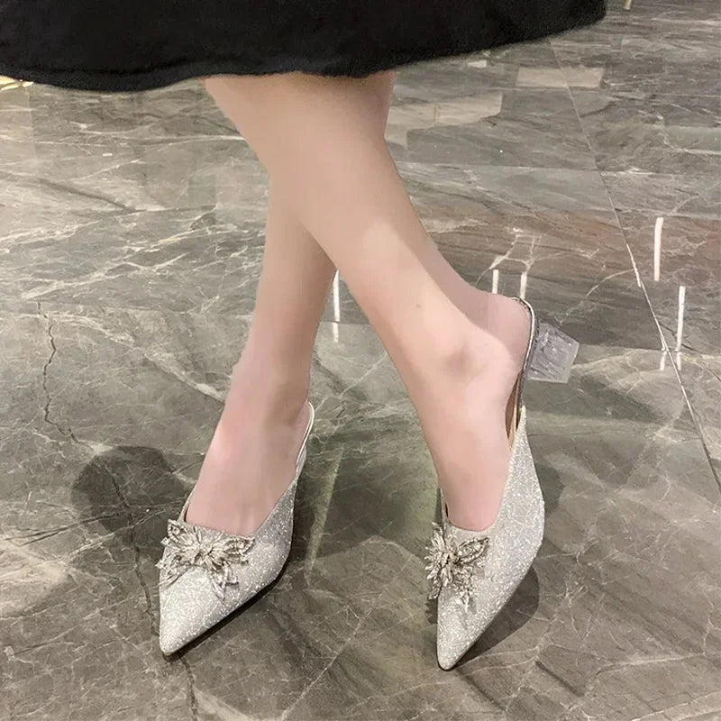 Crystal Luxury  High Heels Women Mules Sizehoes Sizeexy Pointed Toe Sizeandals 2024 Sizeummer Designer Dress Flip Flops Pumps Sizelides