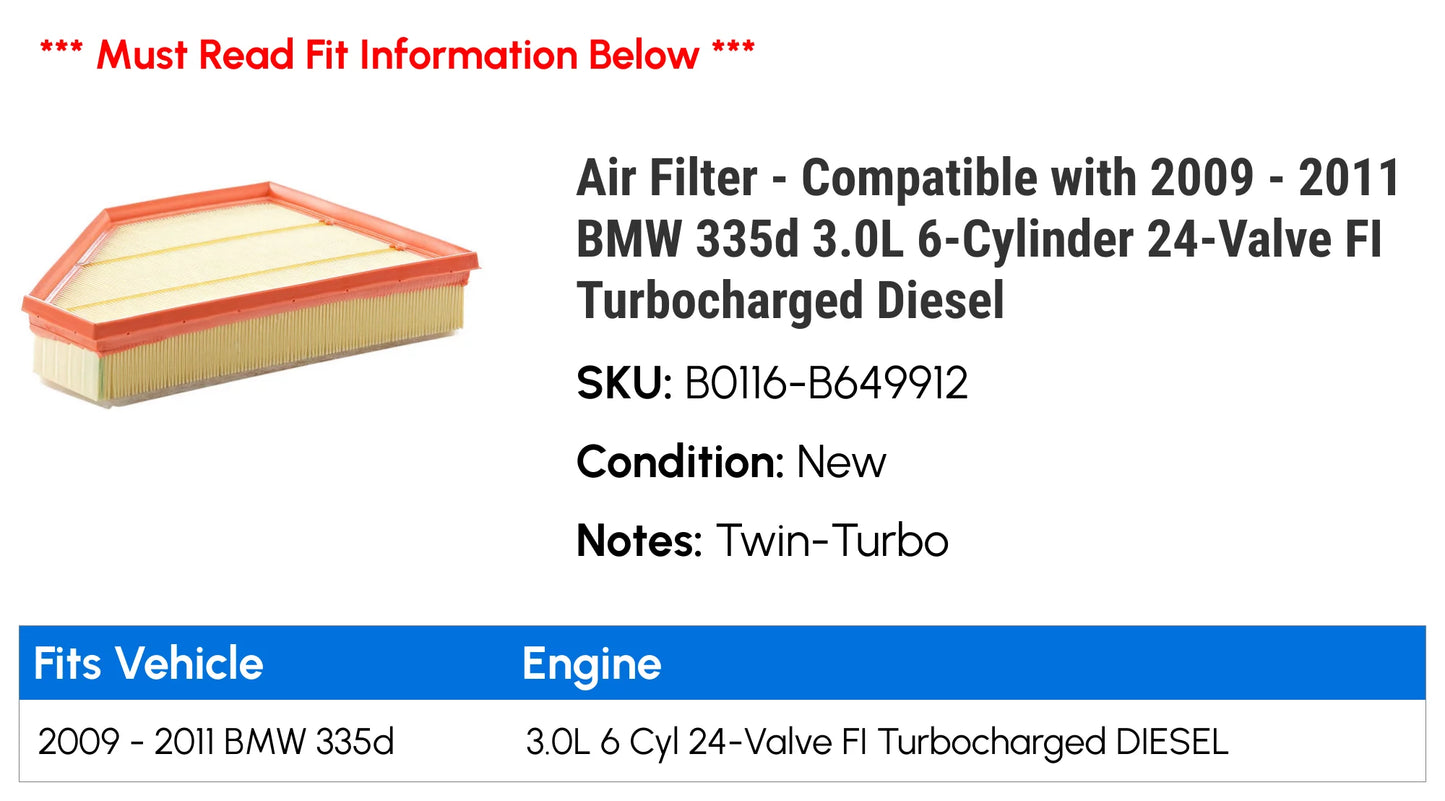 Air Filter - Compatible with 2009 - 2011 BMW 335d 3.0L 6-Cylinder 24-Valve FI Turbocharged Diesel 2010