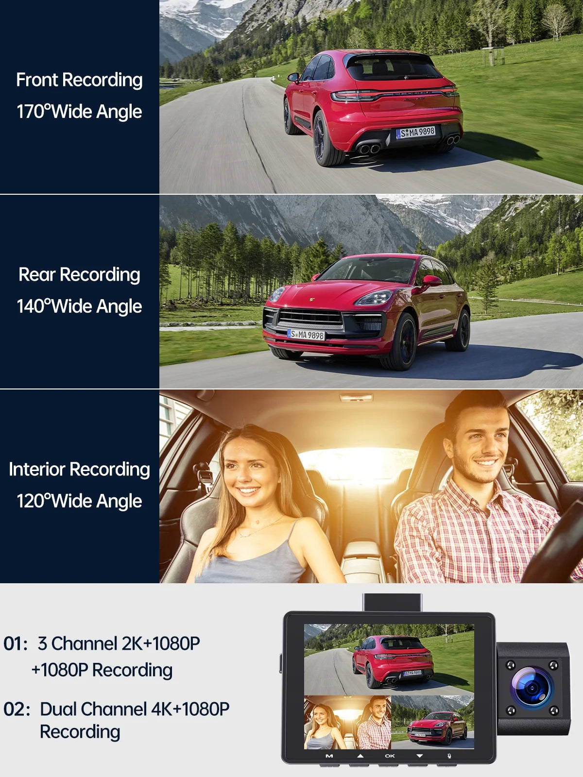 TOGUARD 4K Dash Cam Front and Rear Inside, 3 Channel Dashcam 4K+1080P Dash Camera, Triple Car Camera 2K+1080P+1080P with IR Night Vision, WDR,G-Sizeensor, Parking Monitor