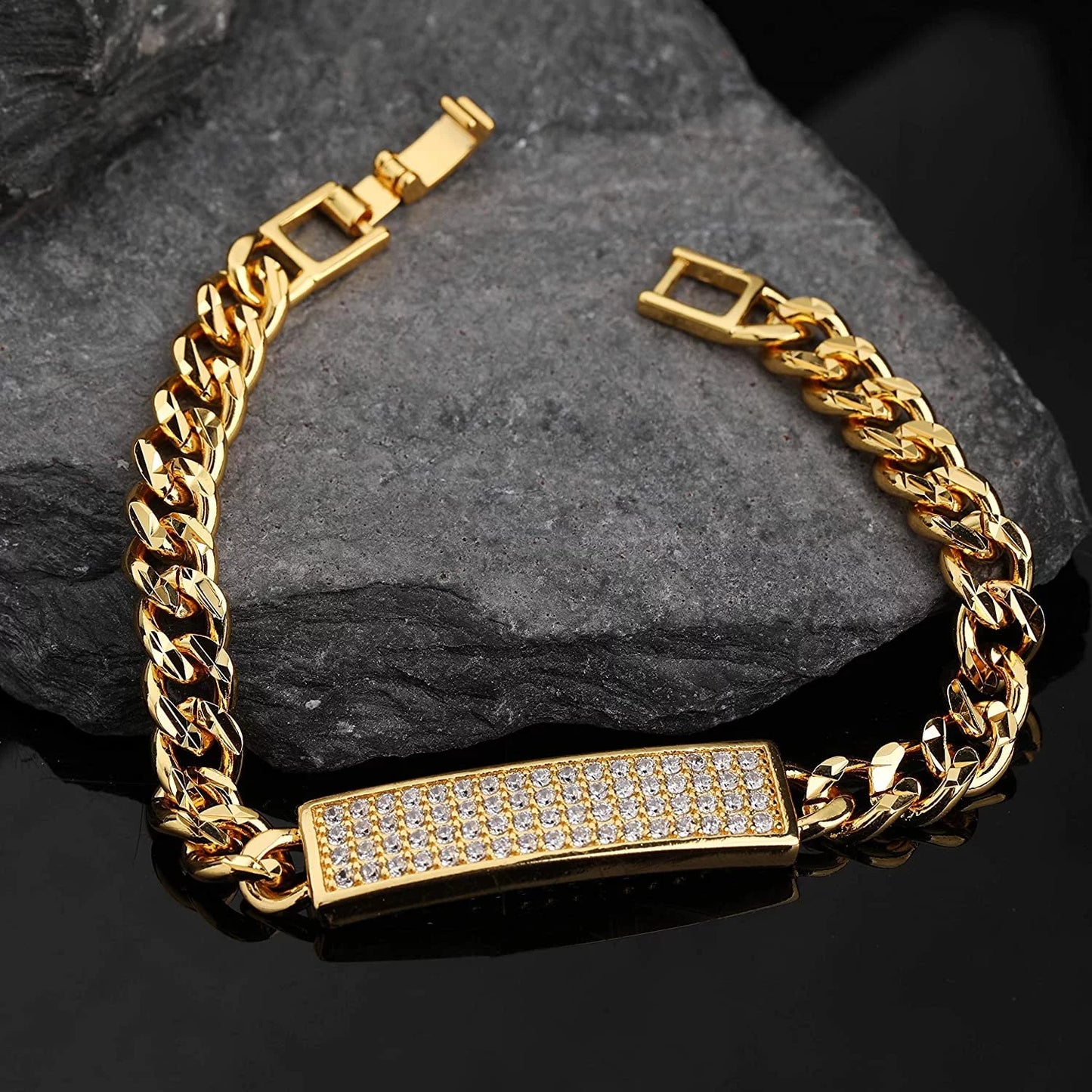 Giorgio Bergamo Gold Plated Trendy Cuban, Curb Link Micro Pave Cubic Zirconia ID Bracelet