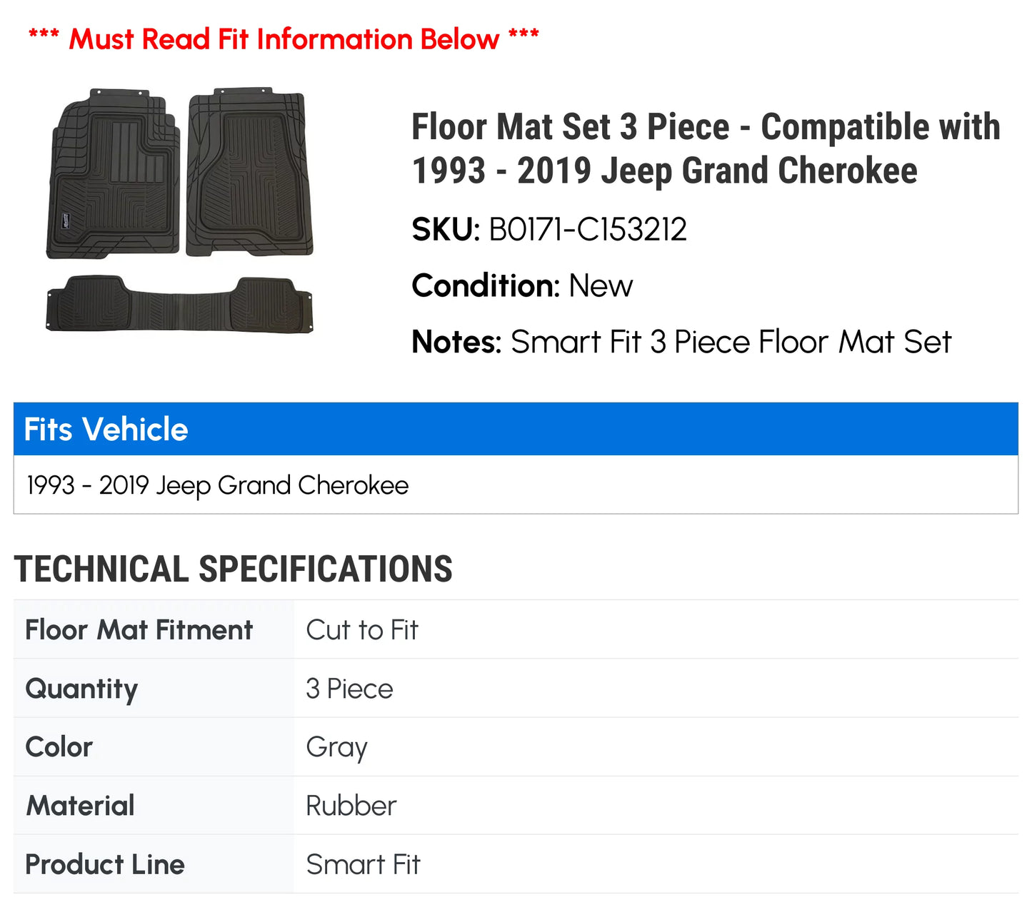 Floor Mat Sizeet 3 Piece - Compatible with 1993 - 2019 Jeep Grand Cherokee 1994 1995 1996 1997 1998 1999 2000 2001 2002 2003 2004 2005 2006 2007 2008 2009 2010 2011 2012 2013 2014 2015 2016 2017