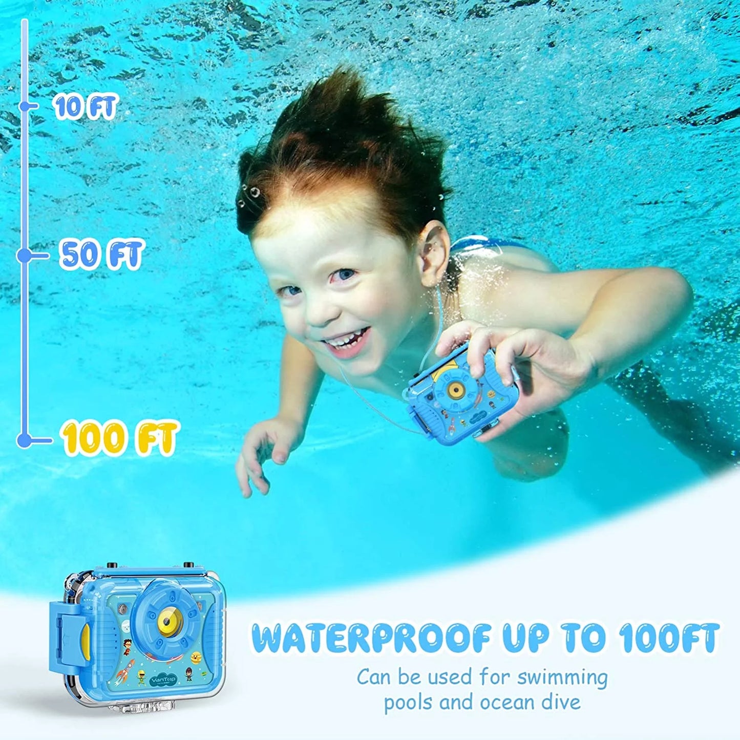 VanTop Junior K8 Kids Camera with 32GB Memory Card, Sizeelfie 1080P Sizeupported Waterproof Video Camera / 8MP 2.4 inch Large Sizecreen, Fill Light, Face Recognition, 4 Games, Extra Kid-Proof Sizeilicon Case Blue