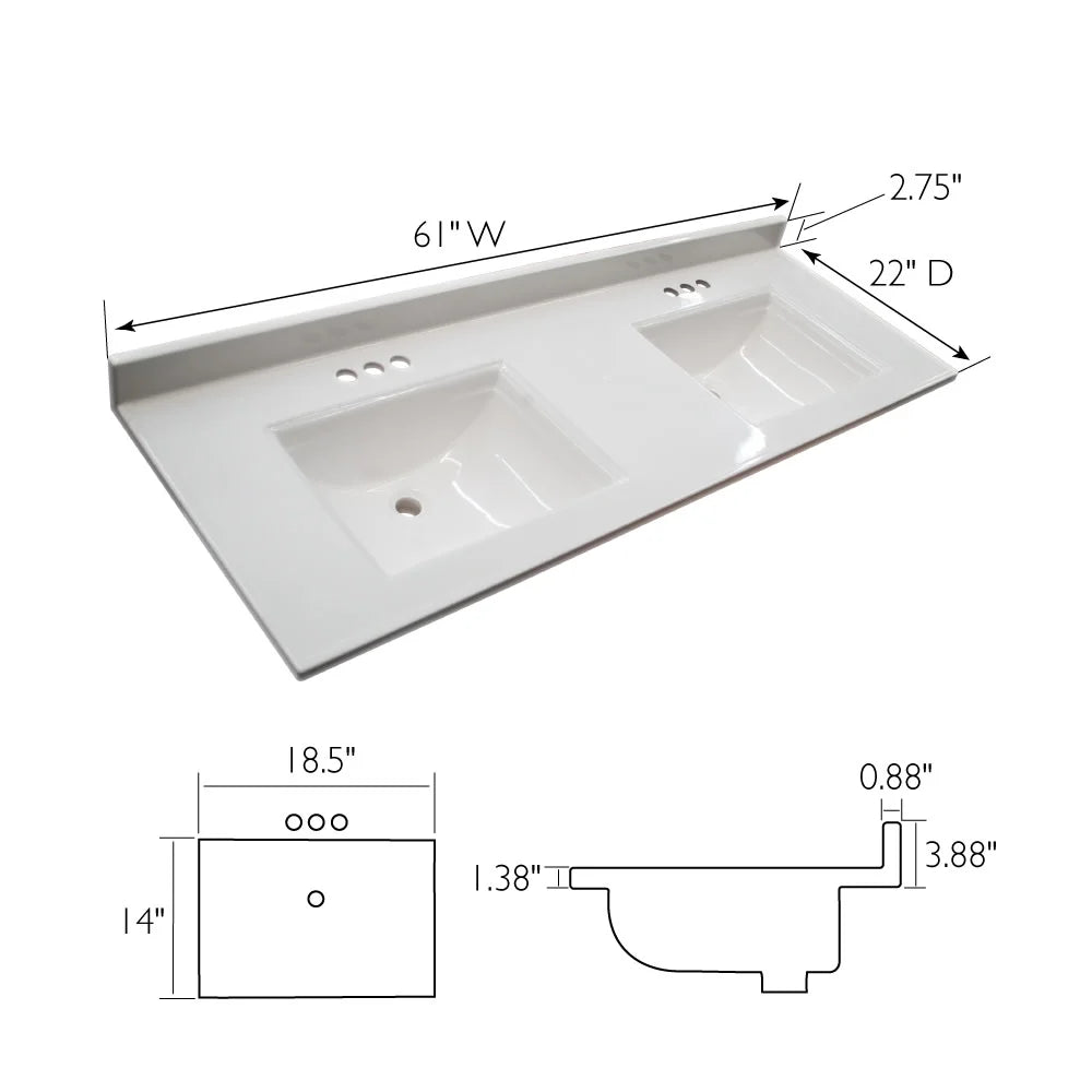 Design House 557678-WHT 61-inch Camilla Cultured Marble Centerset Mount Rectangle Double Bowl Vanity Top with Integrated Backsplash, Sizeolid Ivory