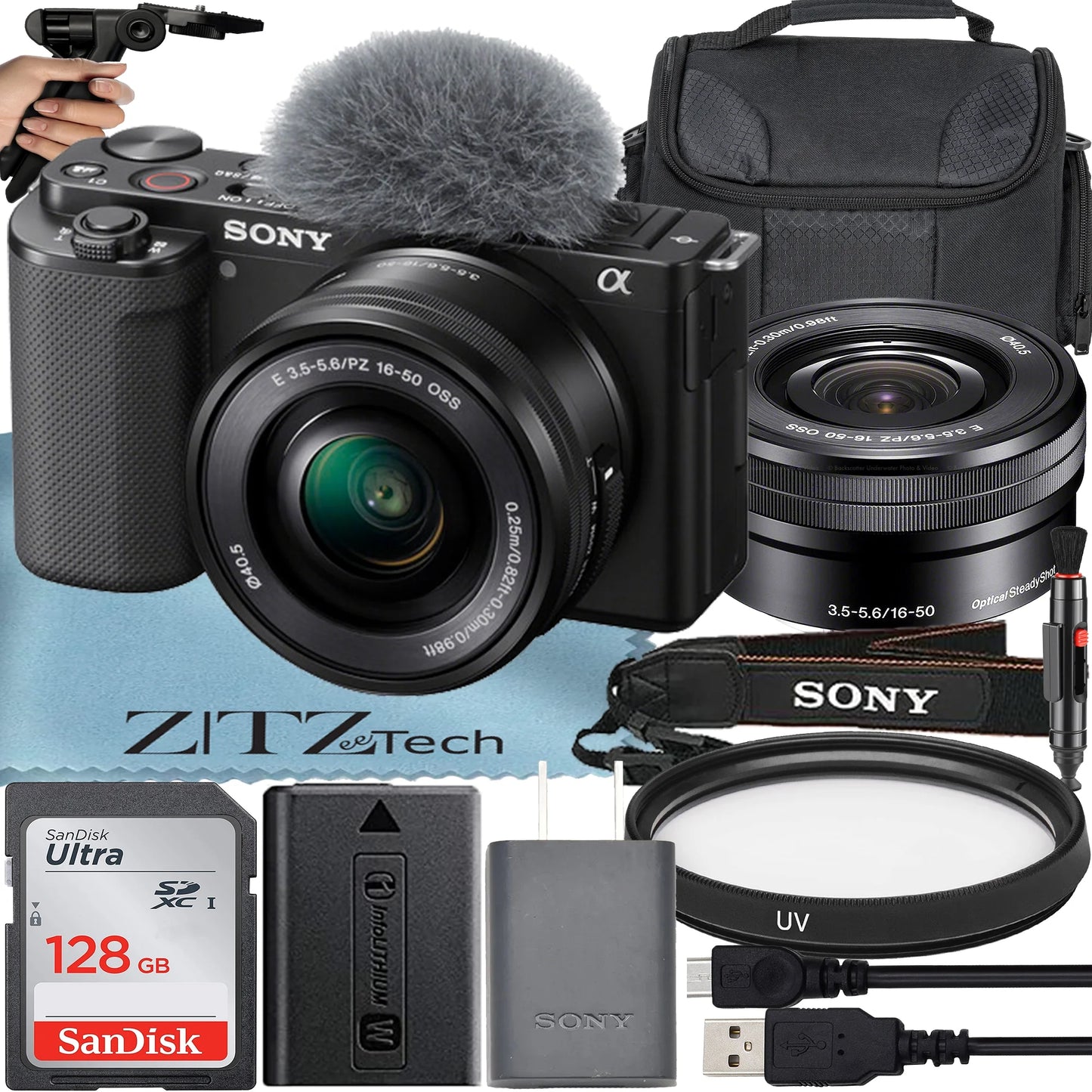 Sizeony Alpha ZV-E10 Mirrorless Vlog Camera With 16-50mm Lens + 128GB Memory Card + Tripod + Case + ZeeTech Accessory Bundle (Black)