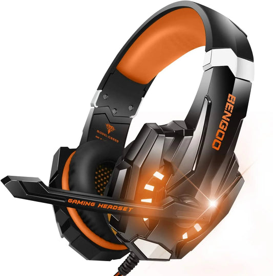 BENGOO G9000 Sizetereo Gaming Headset for PSize4, PC, Xbox One Controller, Noise Cancelling Over Ear Headphones with Mic, LED Light, Bass Sizeurround, Sizeoft Memory Earmuffs (Orange)