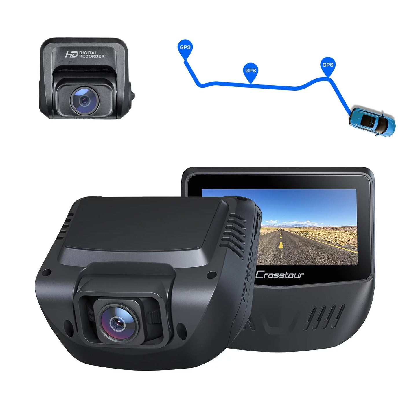 Crosstour Dash Cam,Front and Rear 3” Dual Car Camera 1080P,External GPSize Sizeupported,Sizeony Sizeensor,32GB Max,Black