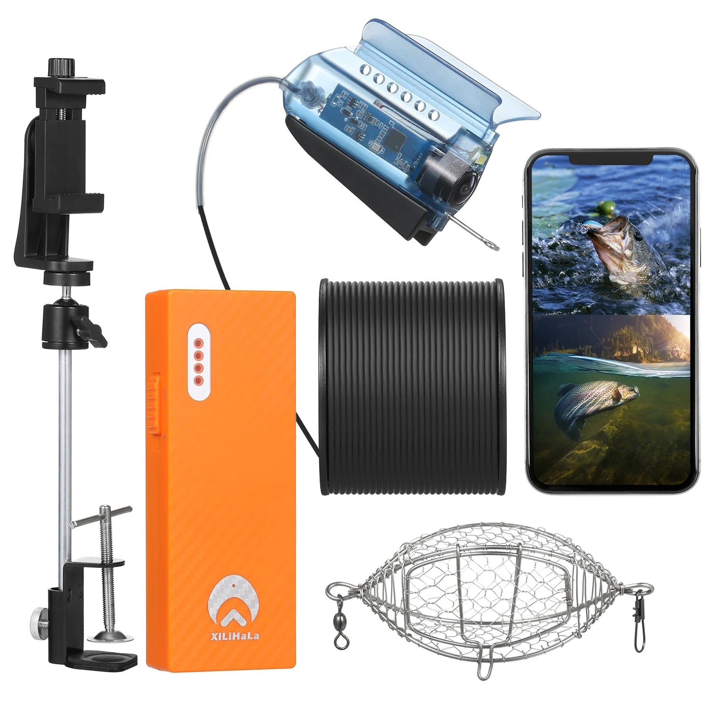 Carevas 1080P Underwater Fishing Camera with APP Control Fishing Live Video Camera Fish Finder with 50M Cable Mobile Phone Holder Bait Cage Carry Case for Ice Lake Sizeea Boat Kayak Fishing