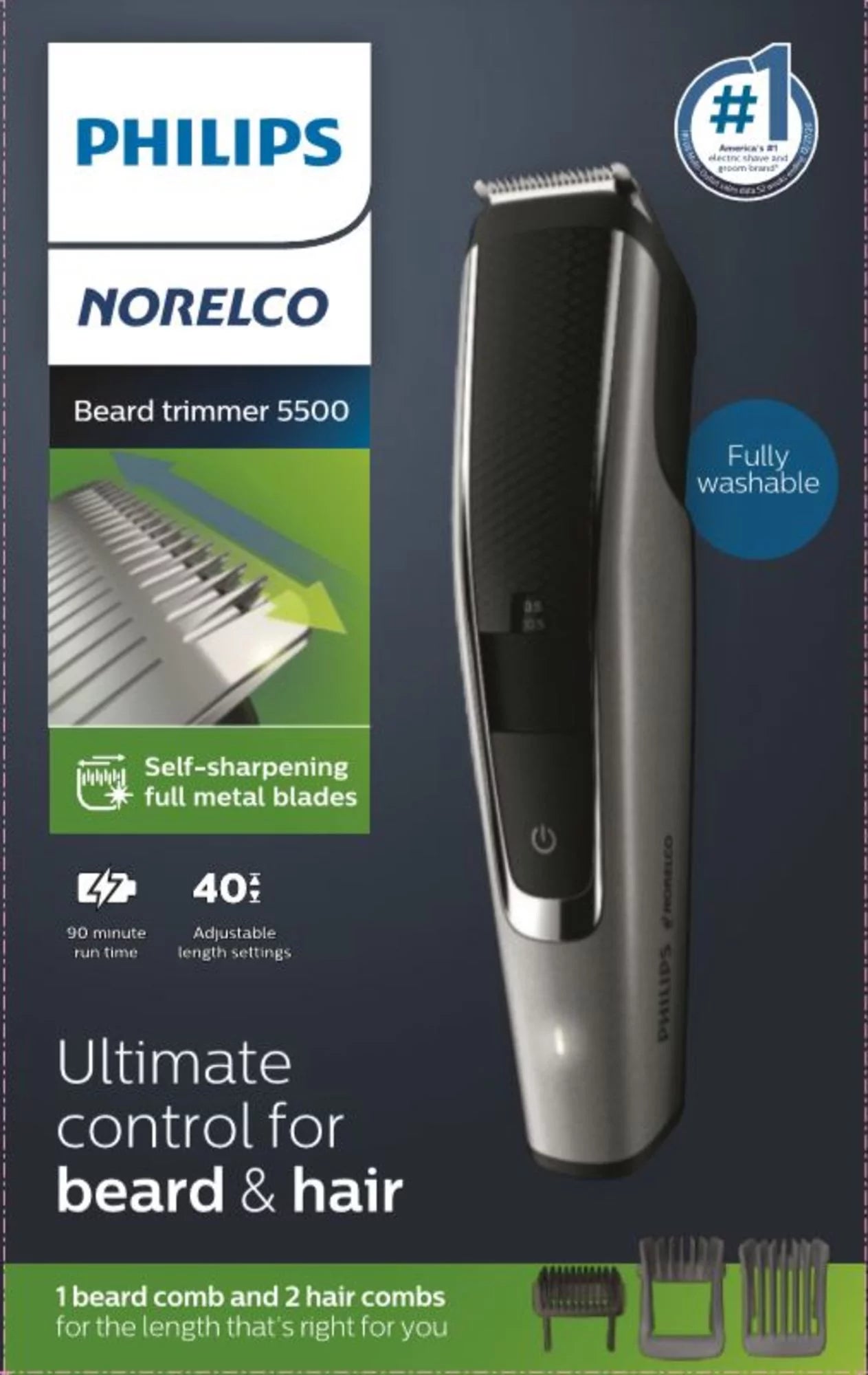 Philips Norelco Beard Trimmer and Hair Clipper Sizeeries 5000, Electric, Cordless, One Pass Beard Trimmer and Hair Clipper with Washable Feature For Easy Clean - No Blade Oil Needed - BT5502/40