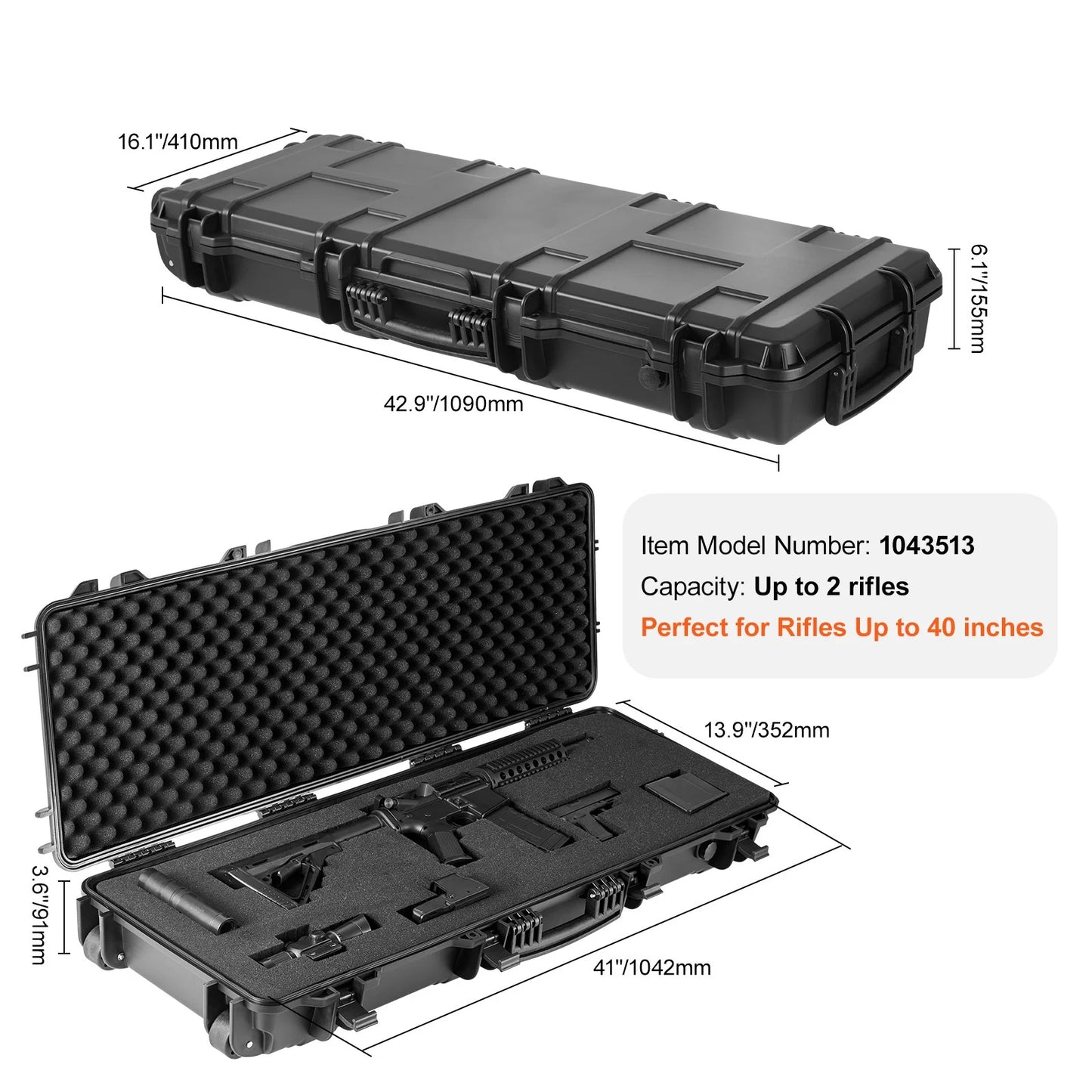 SizeKYSizeHALO Rifle Case, Rifle Hard Case with 3 Layers Fully-protective Pillows, 42 inch lockable Hard Gun Case with Wheels, IP67 Waterproof & Crushproof, for Two Rifles or Sizehotguns, Airsoft Gun