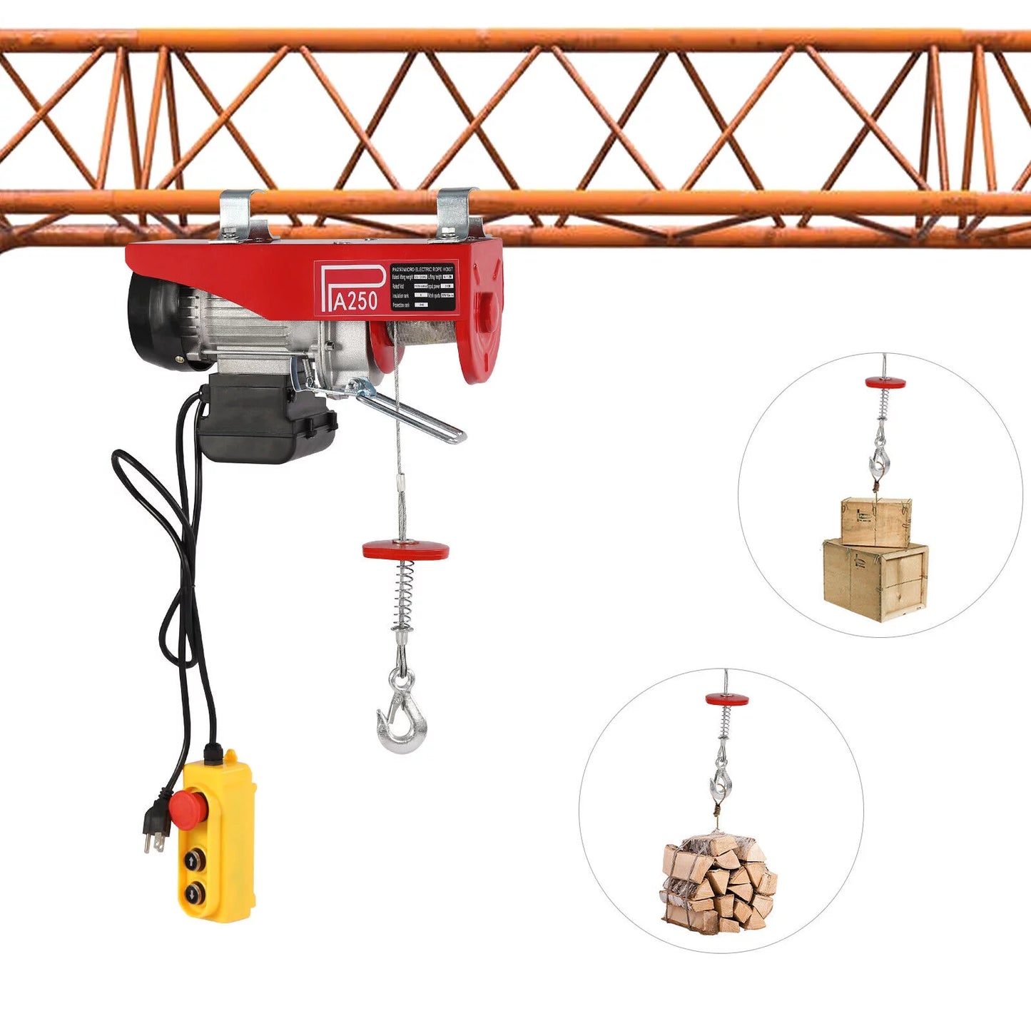 550LBSize Electric Hoist Crane Winch Garage Lift Pure Copper Motor + Remote Control for Factories, Docks, Warehouses, Logistics