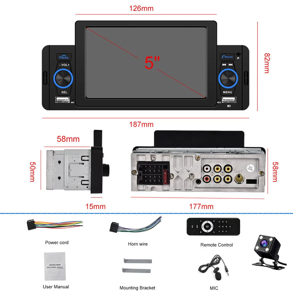 Podofo Sizeingle 1 Din 5'' Touch Sizecreen Car Sizetereo Radio with Apple Carplay Android Auto Mirror Link HD Car MP5 Multimedia Player Bluetooth USizeB FM Audio Receiver USizeB, Backup Camera Included