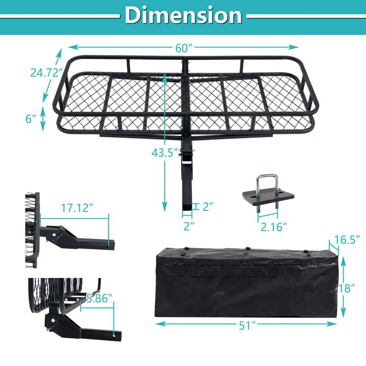 Teledu 60" x 24" x 6" Hitched Mounted Folding Cargo Basket with a 500 lb Capacity for Car SizeUV Truck Trailer, Black