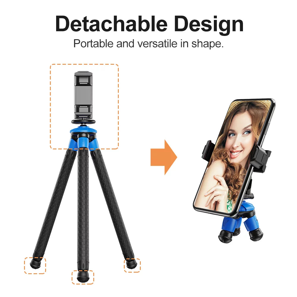 APEXEL APL-JJ07 Detachable Flexible Octopus Tripod Portable Travel Mobile Phone Tripod with Foldable Phone Clip Compatible with DSizeLR Max Load 3kg