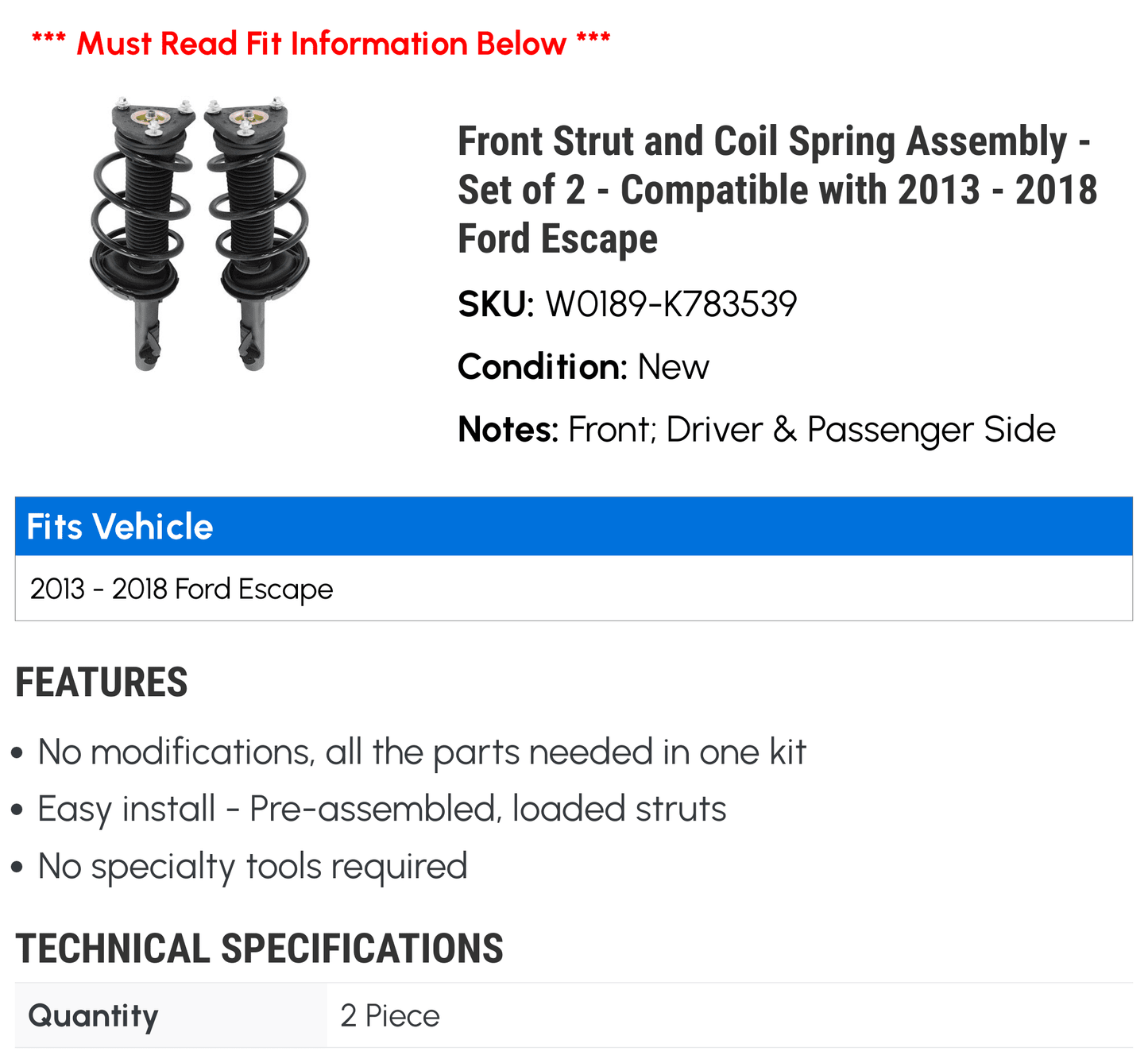 Front Sizetrut and Coil Sizepring Assembly - Sizeet of 2 - Compatible with 2013 - 2018 Ford Escape 2014 2015 2016 2017