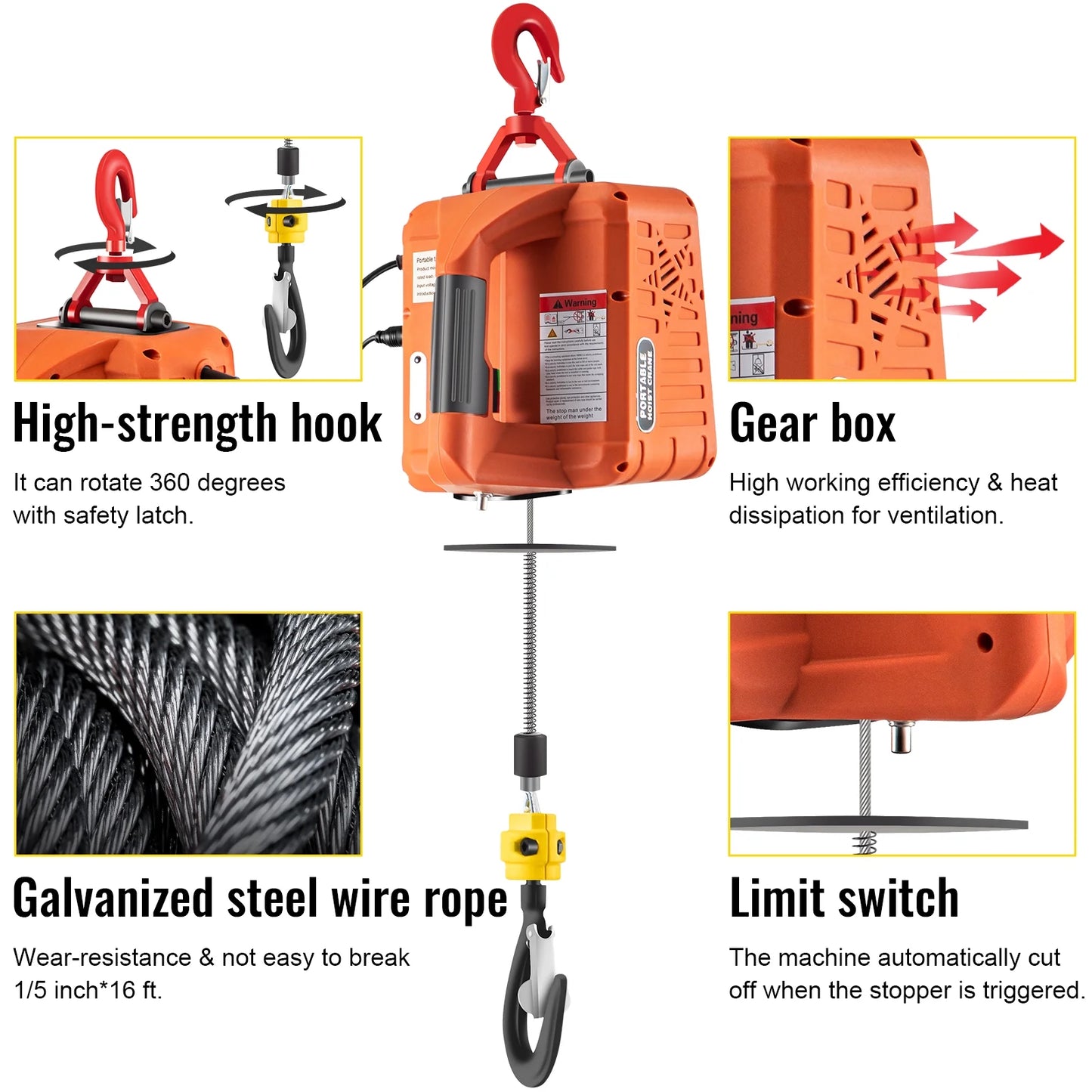 VEVOR 3-in-1 Portable Electric Winch, 1500W 110V Power Electric Hoist Winch, 1100lbs Electric Hoist Winch Crane for Lifting Towing