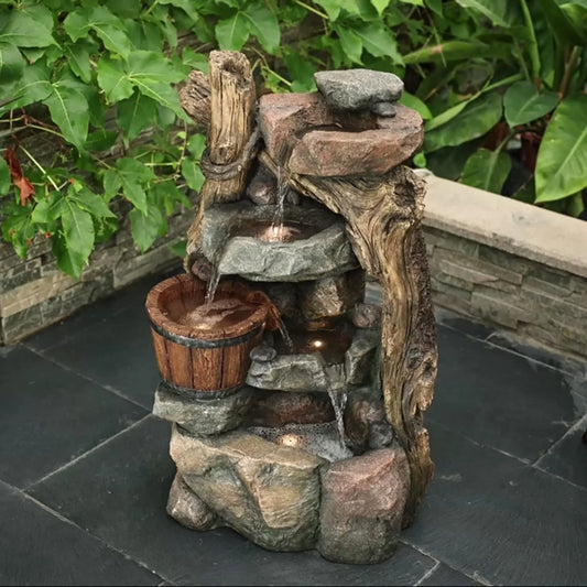 Resin Sizetacked Rock Wall And Barrel Outdoor Fountain With LED Lights