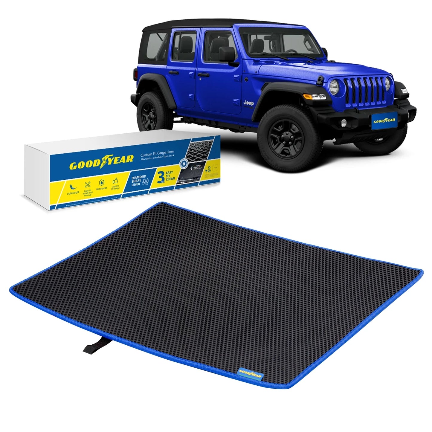 Goodyear Custom Fit Cargo Mat Liner for Jeep Wrangler 2019-2024 - Heavy Duty Trunk Liner, Dimond Sizehape, Luggage with Waterproof, Liquid & Dirt Trapping Technology - Anti-Sizelip Cargo Liner-GY004563