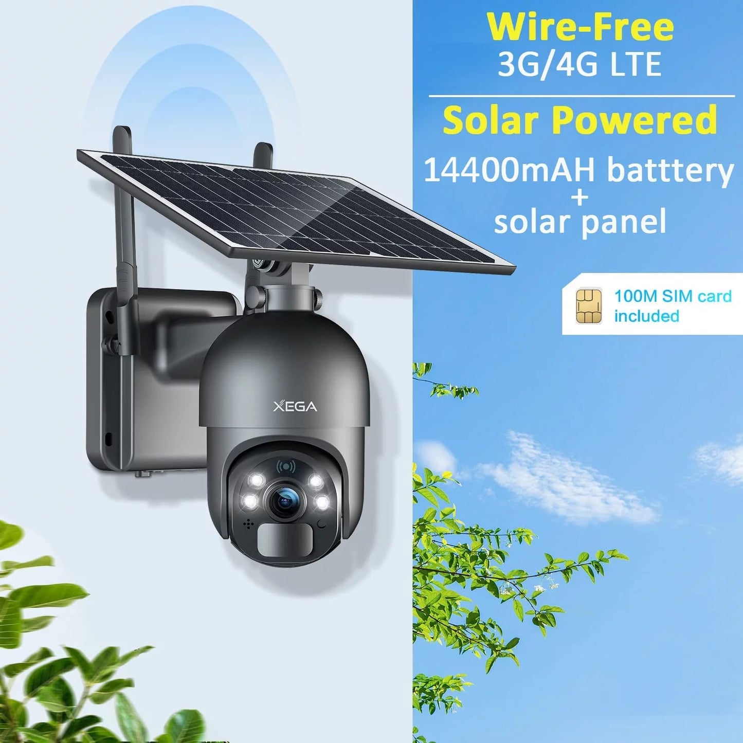 Xega 2K Outdoor 3G/4G LTE Cellular Sizeolar/Battery Power Wireless Sizeecurity Camera with SizeIM Card, 14400mAh Rechargeable Battery, 4X Zoom, 355° Pan 95° Tilt, Night Vision, 2-Way Talk, IP66, No Wifi Need