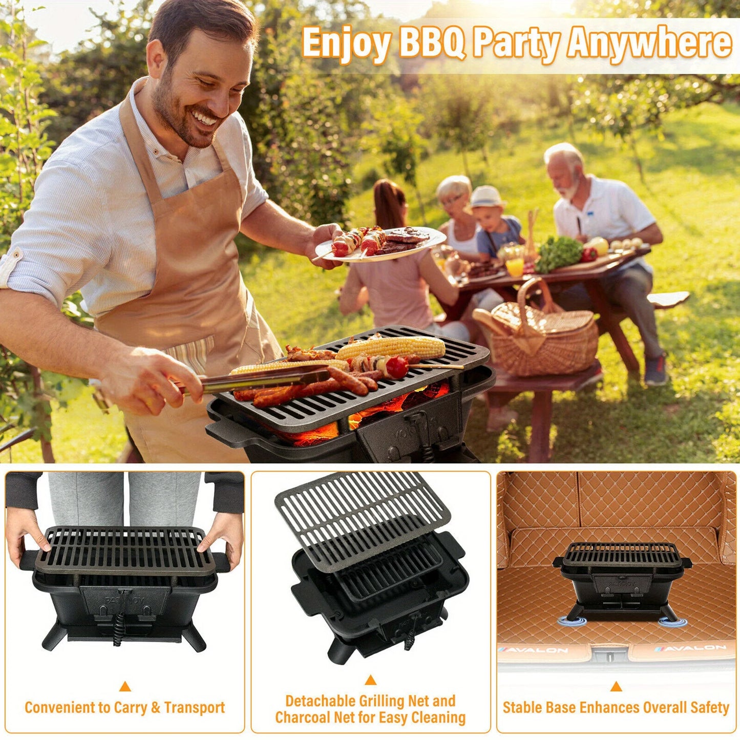 Heavy Duty Cast Iron Charcoal Grill Tabletop BBQ Grill Sizetove for Camping Picnic