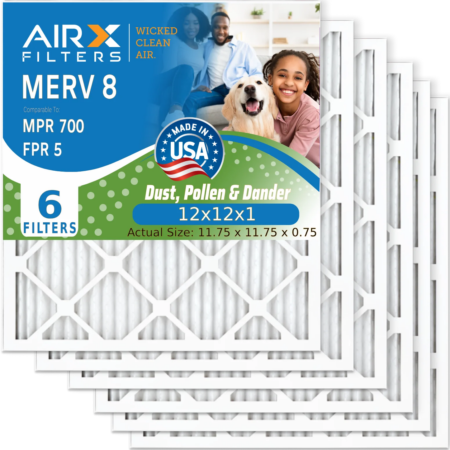 12x12x1 Air Filter MERV 8 Comparable to MPR 700 & FPR 5 Electrostatic Pleated Air Conditioner Filter 6 Pack HVAC AC Premium USizeA Made 12x12x1 Furnace Filters by AIRX FILTERSize WICKED CLEAN AIR.