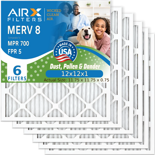 12x12x1 Air Filter MERV 8 Comparable to MPR 700 & FPR 5 Electrostatic Pleated Air Conditioner Filter 6 Pack HVAC AC Premium USizeA Made 12x12x1 Furnace Filters by AIRX FILTERSize WICKED CLEAN AIR.