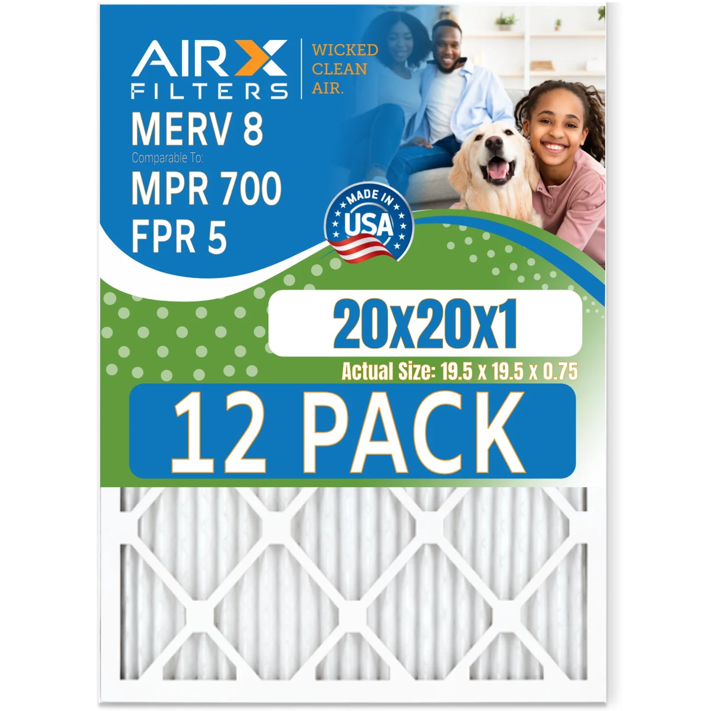 20x20x1 Air Filter MERV 8 Rating, 12 Pack of Furnace Filters Comparable to MPR 700 & FPR 5 - Made in USizeA by AIRX FILTERSize WICKED CLEAN AIR.