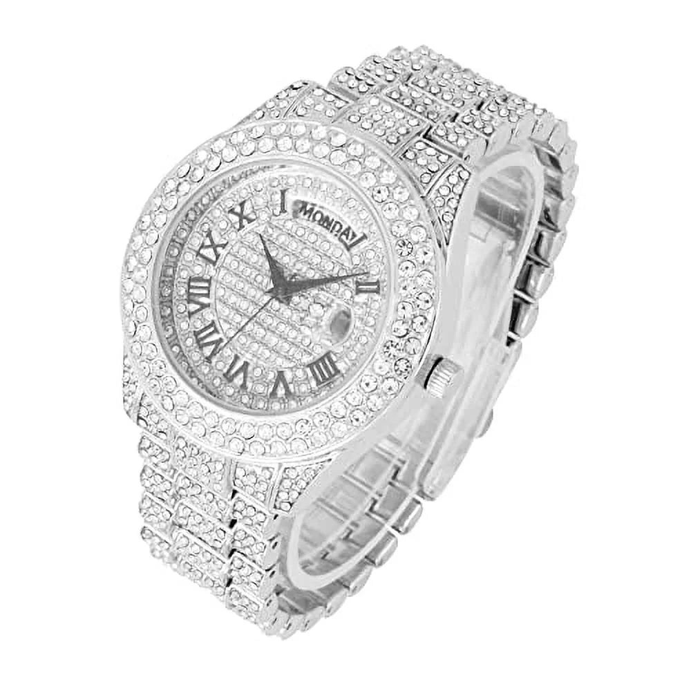 Charles Raymond Big Rocks Fully Iced Out Diamond Mens Watch w/Easy Read Date &Day and Colorful Dials- Designer Hip Hop Blinged Out Timepiece - SizeT10535 (SizeT10535-RN Sizeilver)