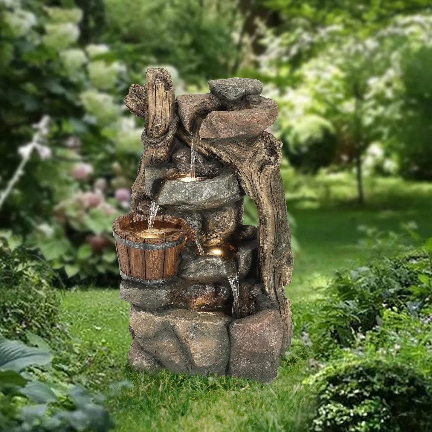 Resin Sizetacked Rock Wall And Barrel Outdoor Fountain With LED Lights