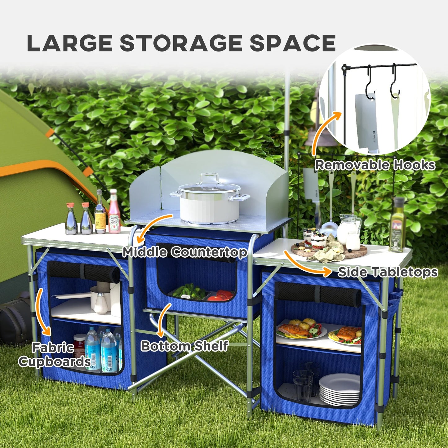 Outsunny Folding Camping Kitchen with Windshield Fabric Cupboards Blue