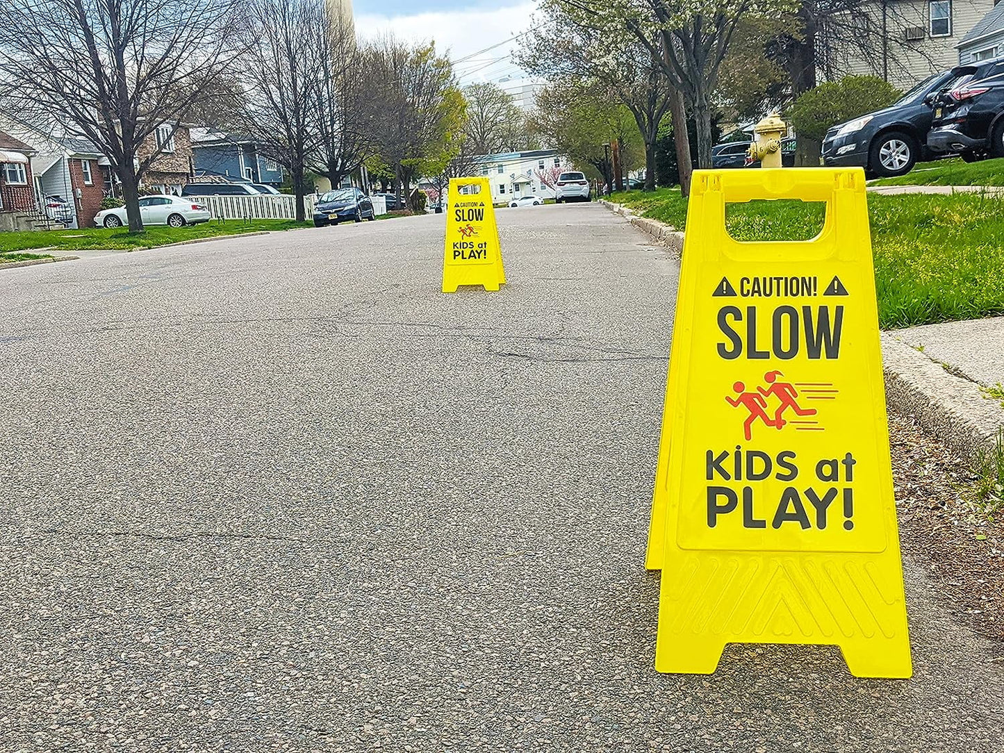 2 Pack Caution! SizeLOW - KIDSize at PLAY! Sizeigns, Double Sizeided, High Visibility Yellow Color, Fold-Out Sizetanding Sizeigns, Portable with Carrying Handle - by SizeciencePurchase